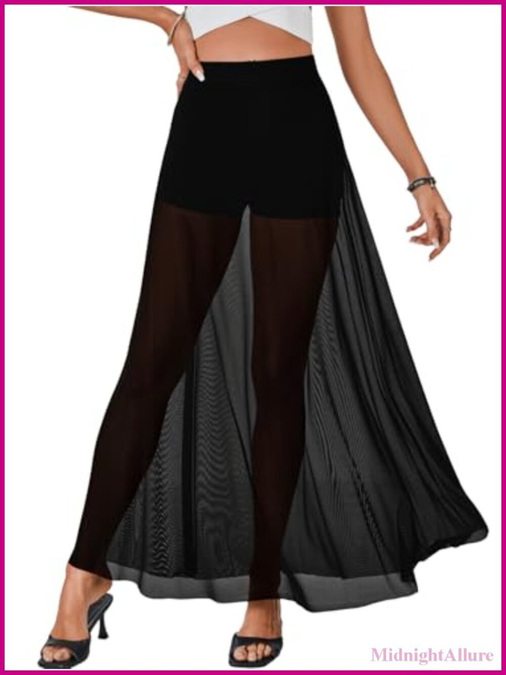 Sheer Mesh Maxi Skirt with Built-in Shorts High Waisted A-Line